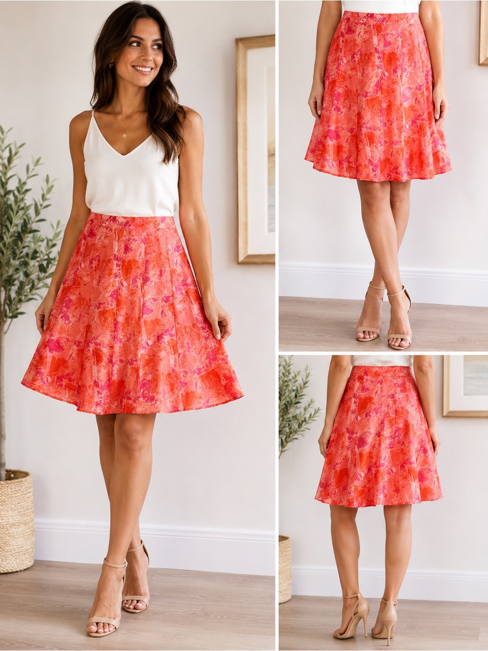 Due Per Due Linen Silk Blend A-Line Skirt Size 8 Coral Pink Abstract Print